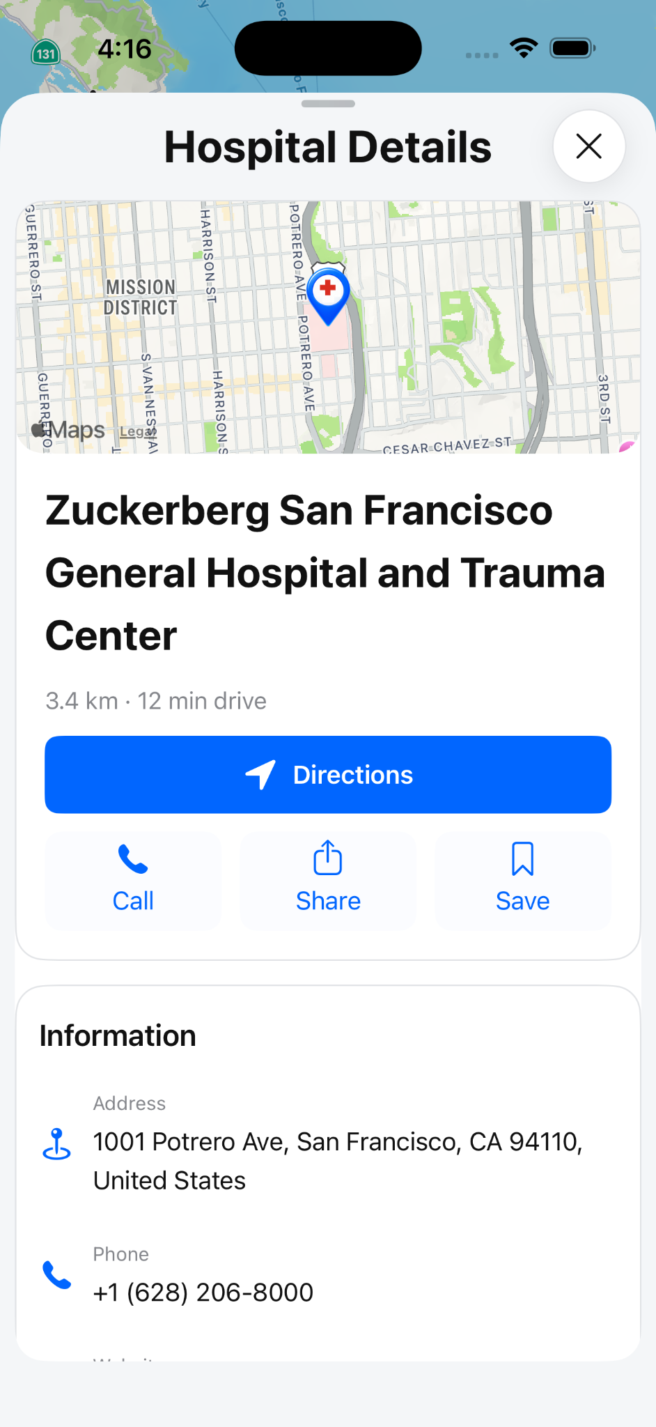 Hospital detail screen