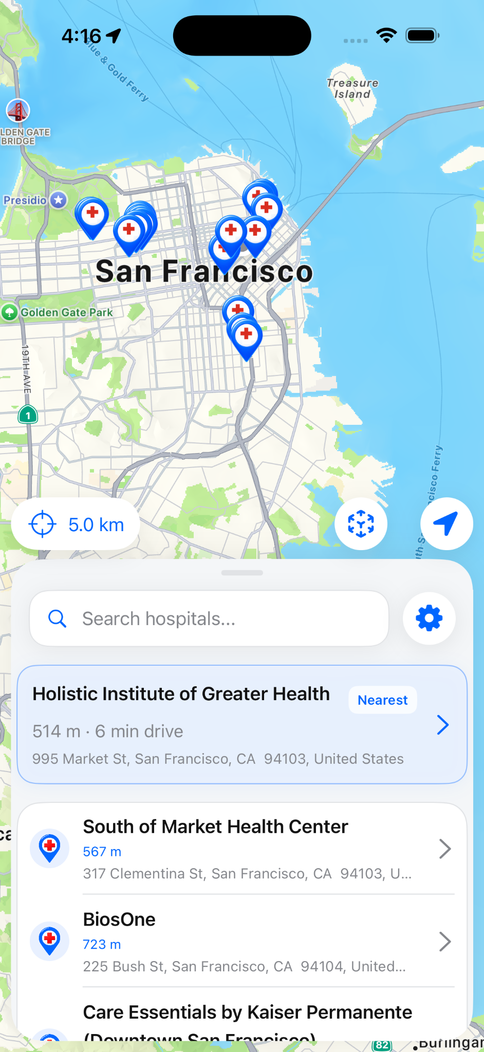 Hospital Near Me map screen