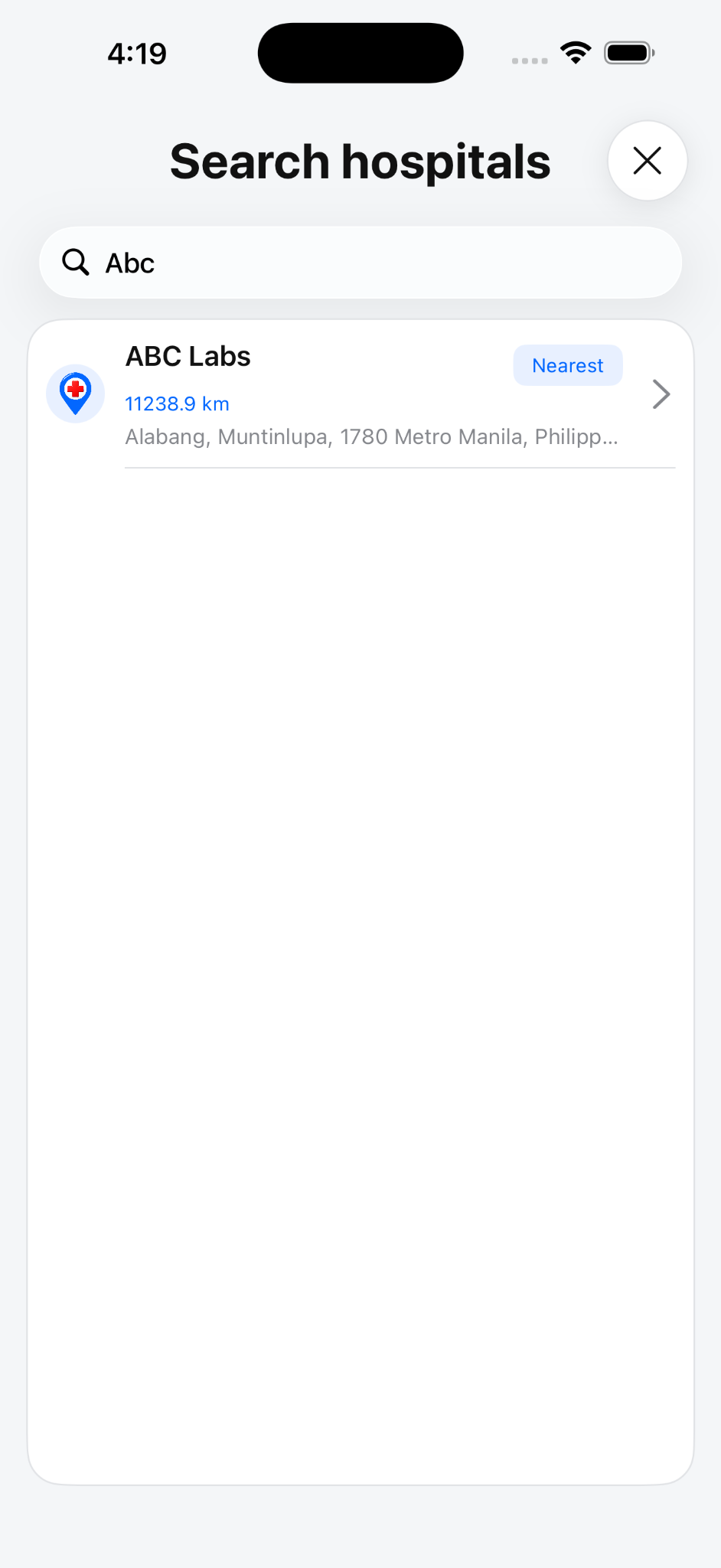 Hospital search screen