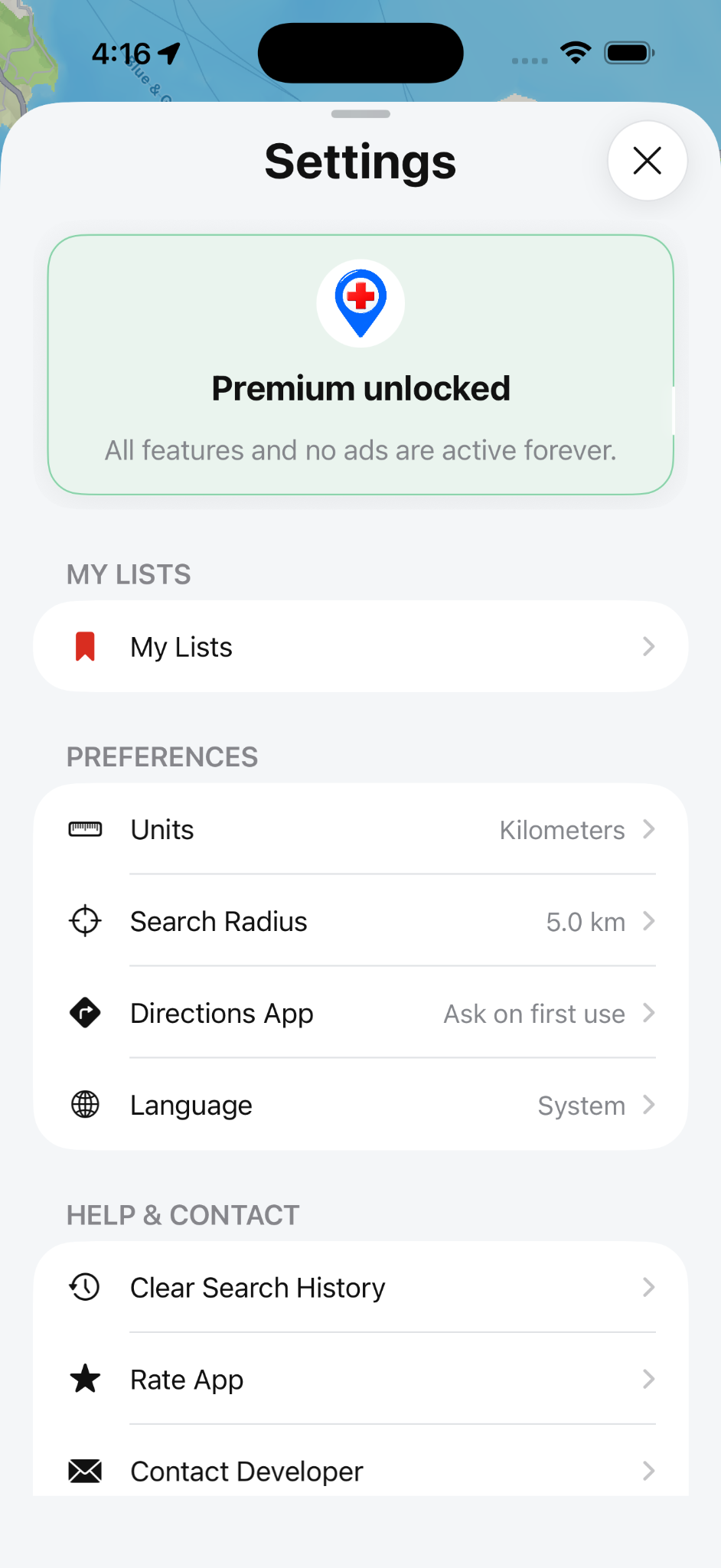 Hospital Near Me settings screen